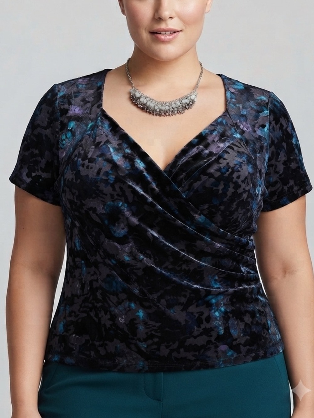 😍CLEARANCE - REITMANS  Butnout Black & Teal Short Sleeve Wrap Blouse XL PETITE